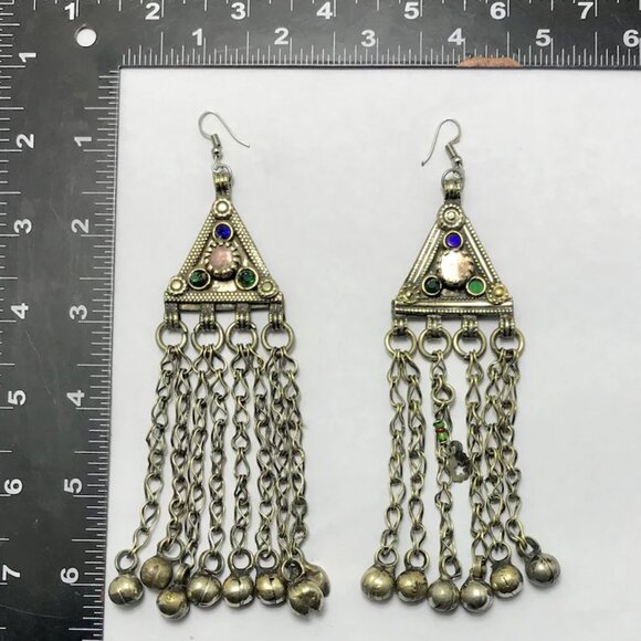 Vintage Long Bells Earrings, Silver Kuchi Boho Jewelry, Handmade Kuchi Earrings - Picture 5 of 7